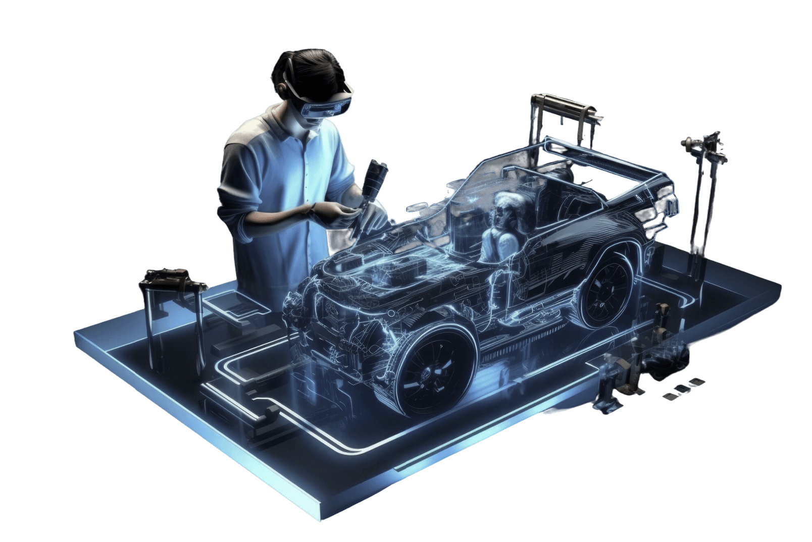 AR/VR person interacting with holographic car model